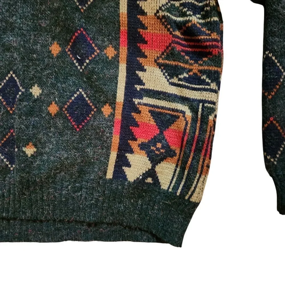 Vintage Peter Jon Sweater Mens XL Green Aztec Southwestern 80s Acrylic Pullover
